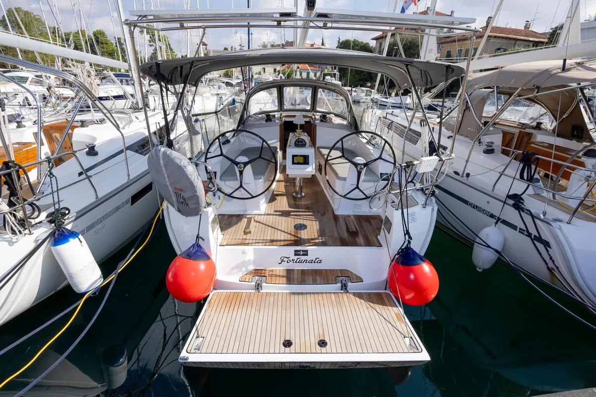 Deck of FORTUNATA, a Bavaria Cruiser 37 Style sailboat at Zadar, Croatia