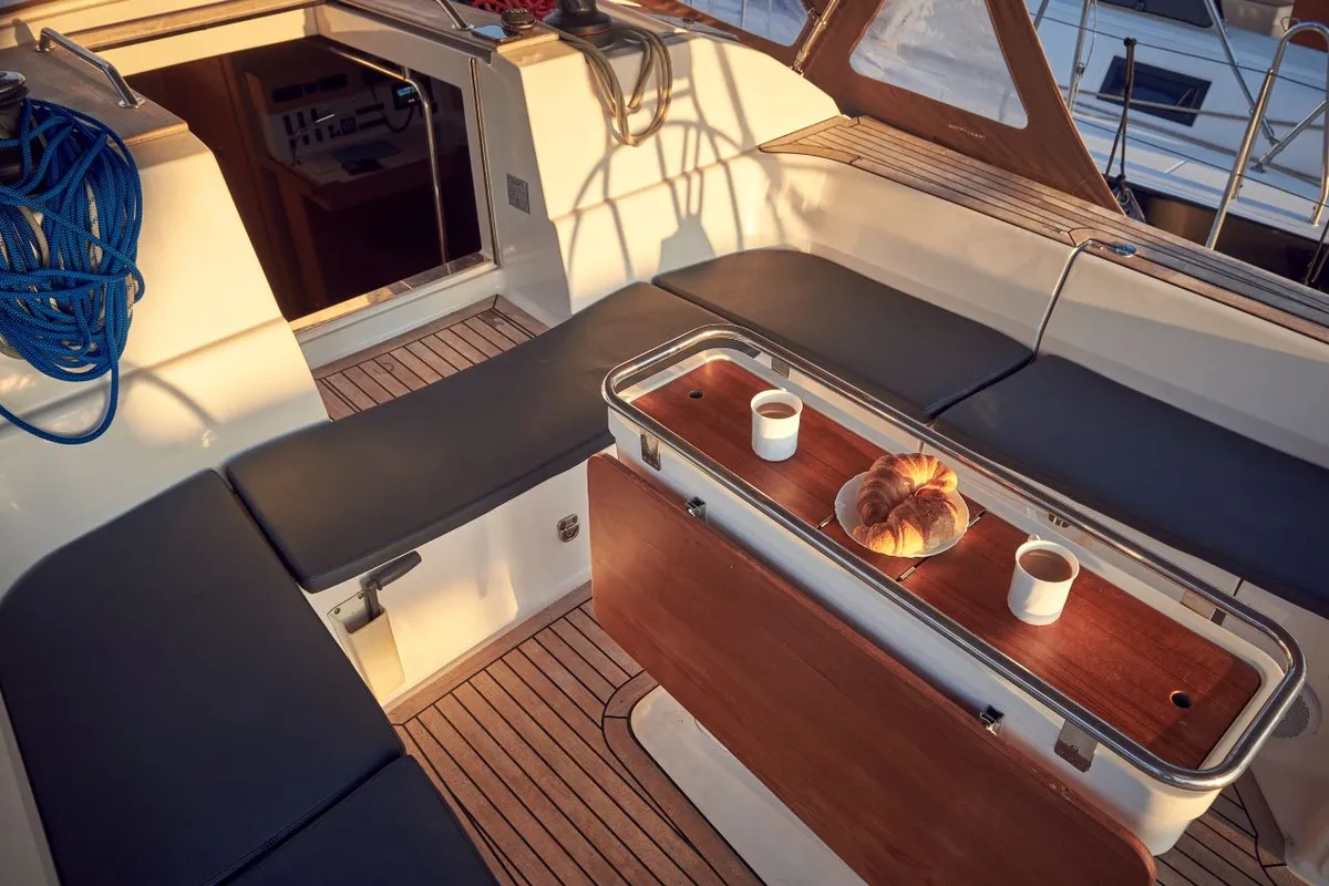 Deck of Friends, a Elan Impression 50 sailboat at Pula, Croatia