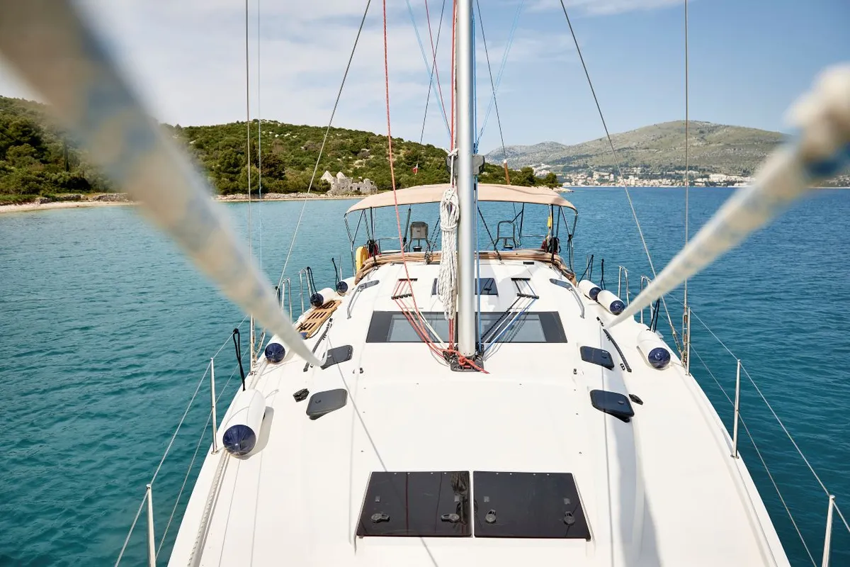 Deck of Friends, a Elan Impression 50 sailboat at Pula, Croatia