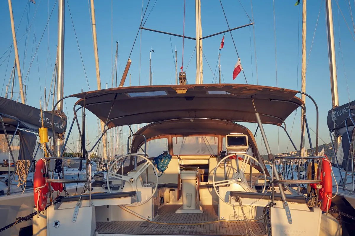 Cockpit of Friends, a Elan Impression 50 sailboat at Pula, Croatia