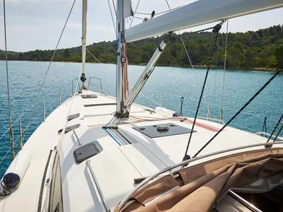 Deck of Friends, a Elan Impression 50 sailboat at Pula, Croatia