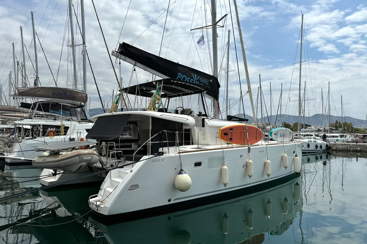 Exterior view of Lagoon 450 Fly, a catamaran at Athens, Greece