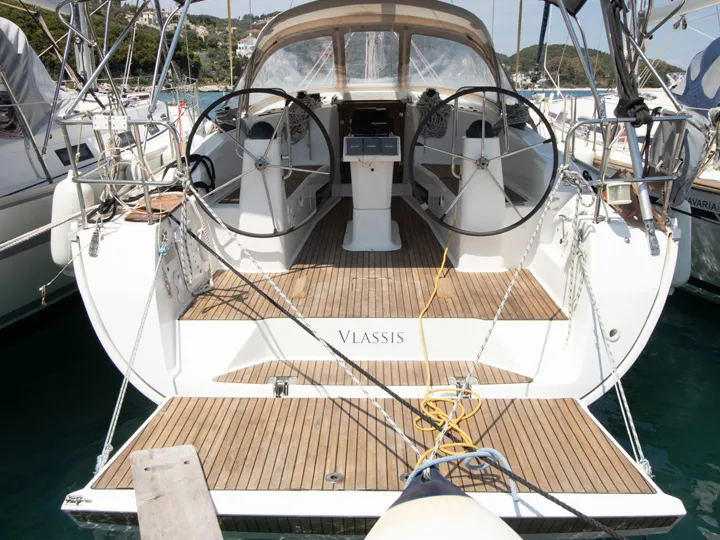 Cockpit of Vlassis, a Bavaria 40 sailboat at Municipal Unit of Lefkada, Greece