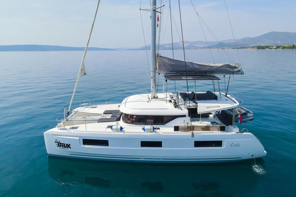 Exterior view of Felix, a Lagoon 46 catamaran at Grad Kaštela, Croatia