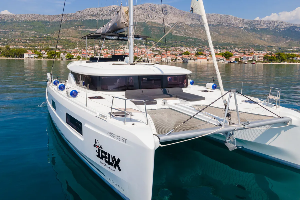 Exterior view of Felix, a Lagoon 46 catamaran at Grad Kaštela, Croatia