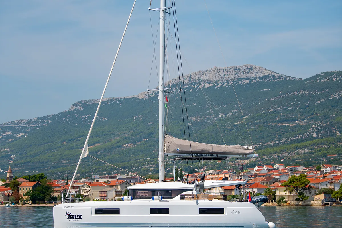 Exterior view of Felix, a Lagoon 46 catamaran at Grad Kaštela, Croatia