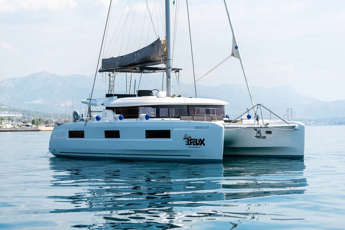 Exterior view of Felix, a Lagoon 46 catamaran at Grad Kaštela, Croatia