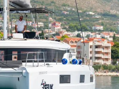 Cockpit of Felix, a Lagoon 46 catamaran at Grad Kaštela, Croatia