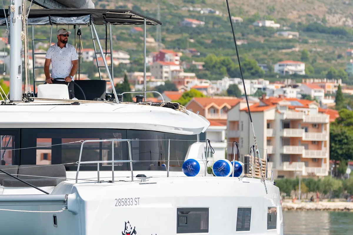 Cockpit of Felix, a Lagoon 46 catamaran at Grad Kaštela, Croatia