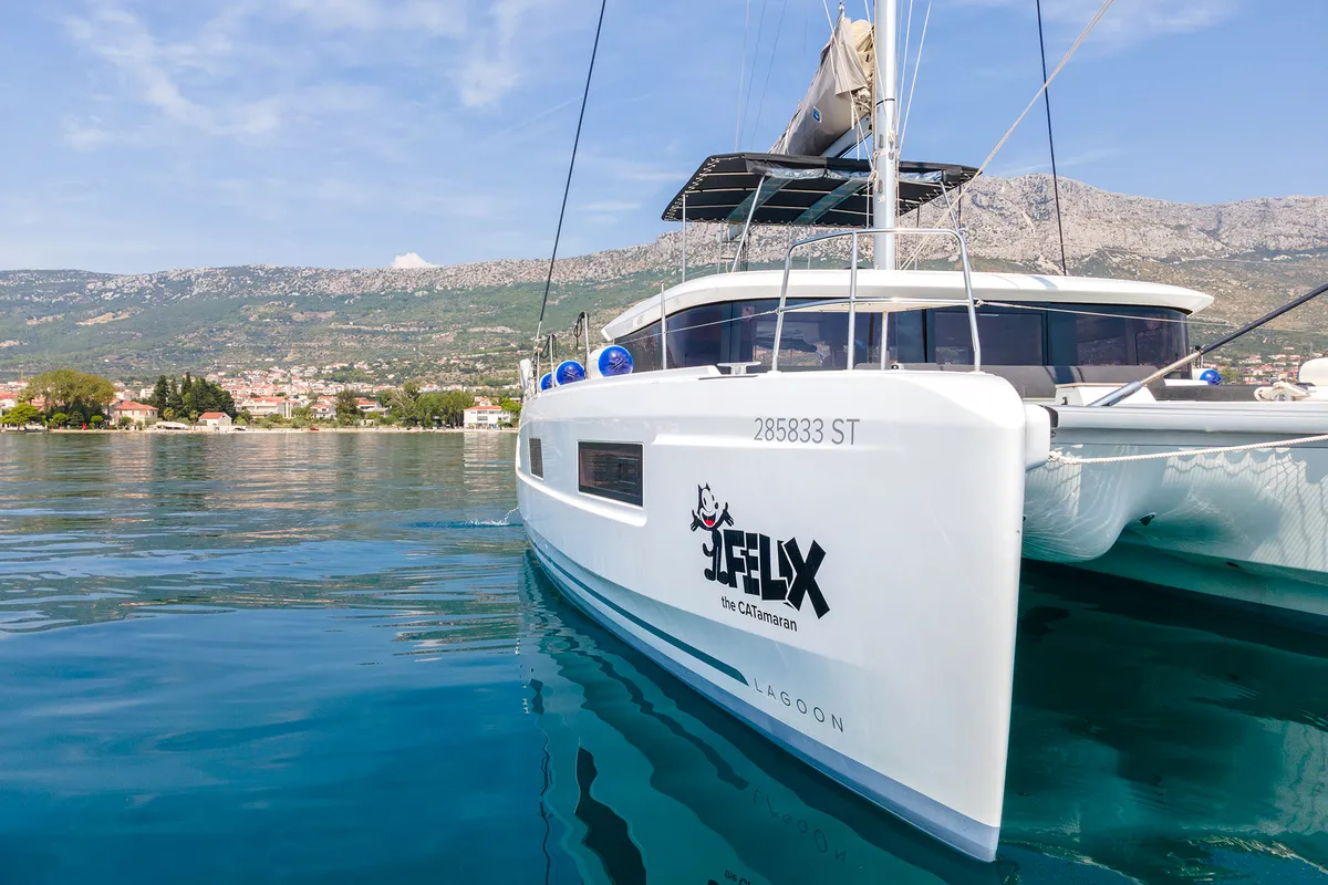 Exterior view of Felix, a Lagoon 46 catamaran at Grad Kaštela, Croatia