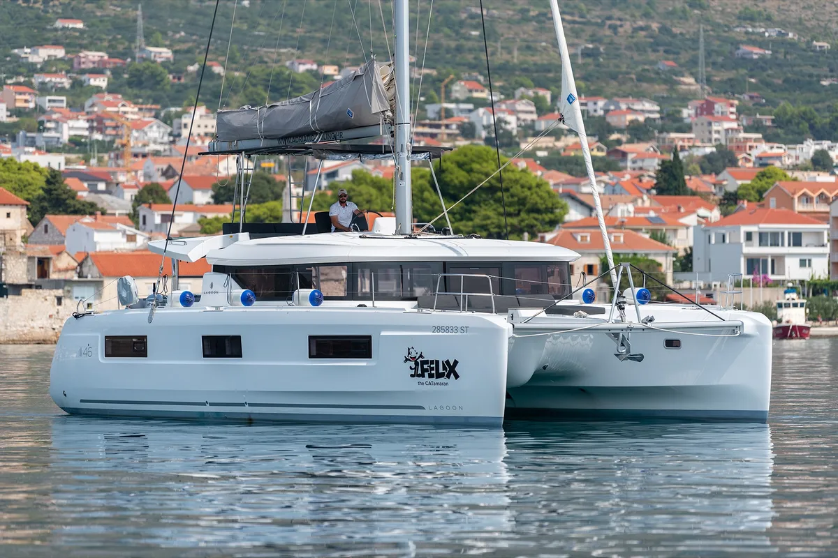 Exterior view of Felix, a Lagoon 46 catamaran at Grad Kaštela, Croatia