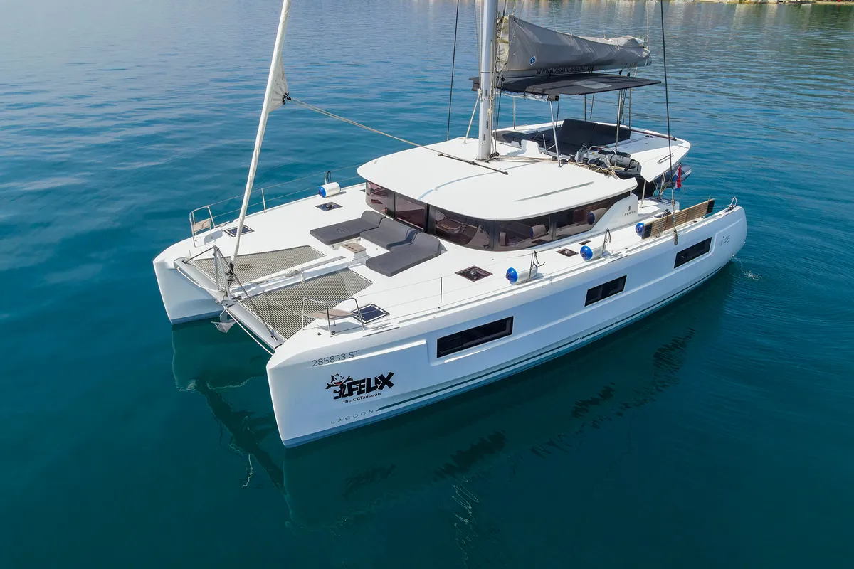 Exterior view of Felix, a Lagoon 46 catamaran at Grad Kaštela, Croatia