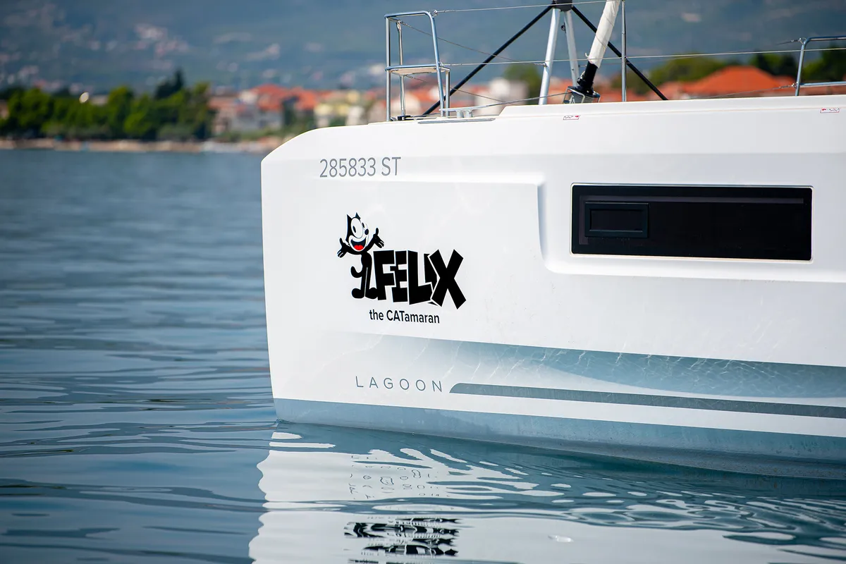 Exterior view of Felix, a Lagoon 46 catamaran at Grad Kaštela, Croatia