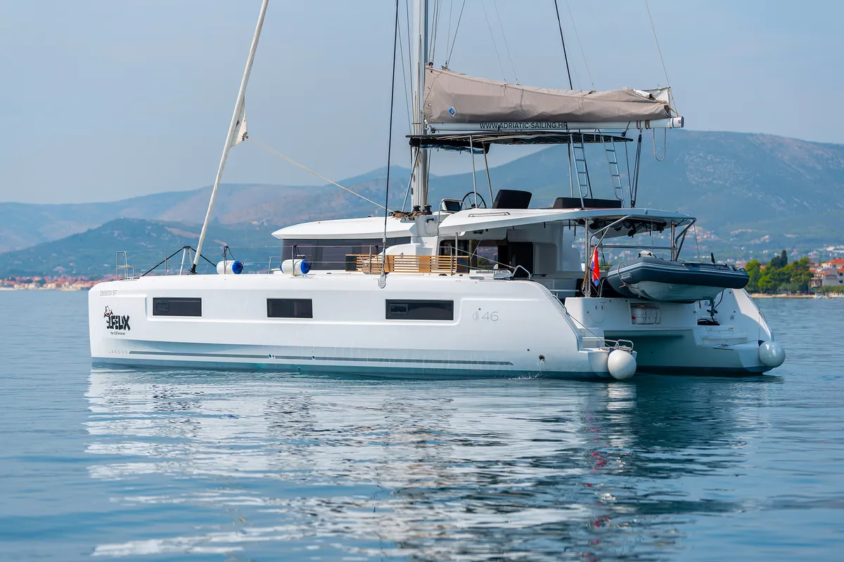 Exterior view of Felix, a Lagoon 46 catamaran at Grad Kaštela, Croatia