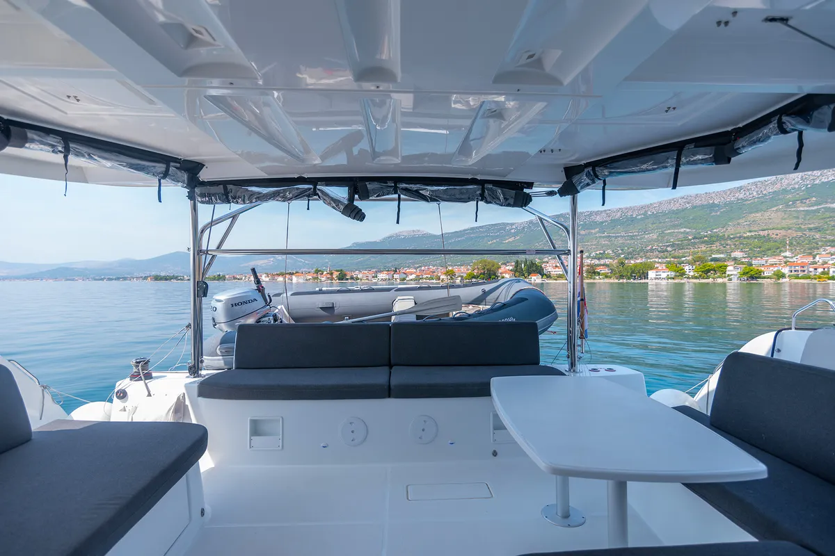 Deck of Felix, a Lagoon 46 catamaran at Grad Kaštela, Croatia