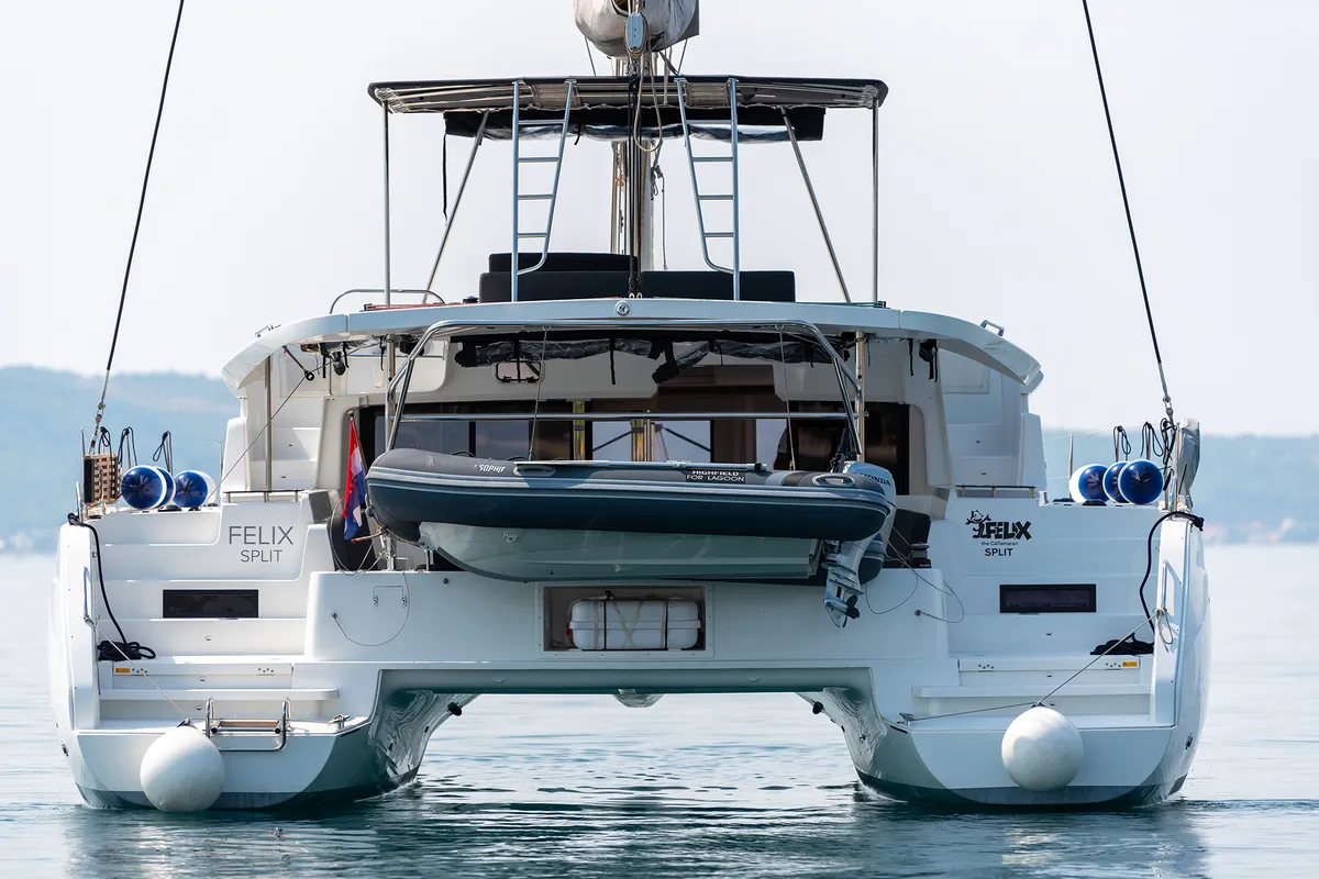 Exterior view of Felix, a Lagoon 46 catamaran at Grad Kaštela, Croatia