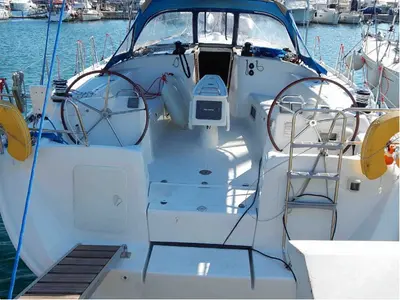 Cockpit of Alegria, a Beneteau Cyclades 50.5 sailboat at Municipal Unit of Nea Peramos, Greece