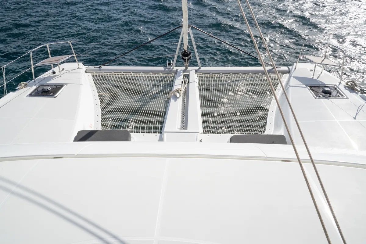 Deck of Mimi, a Lagoon 46 catamaran at Olbia, Italy