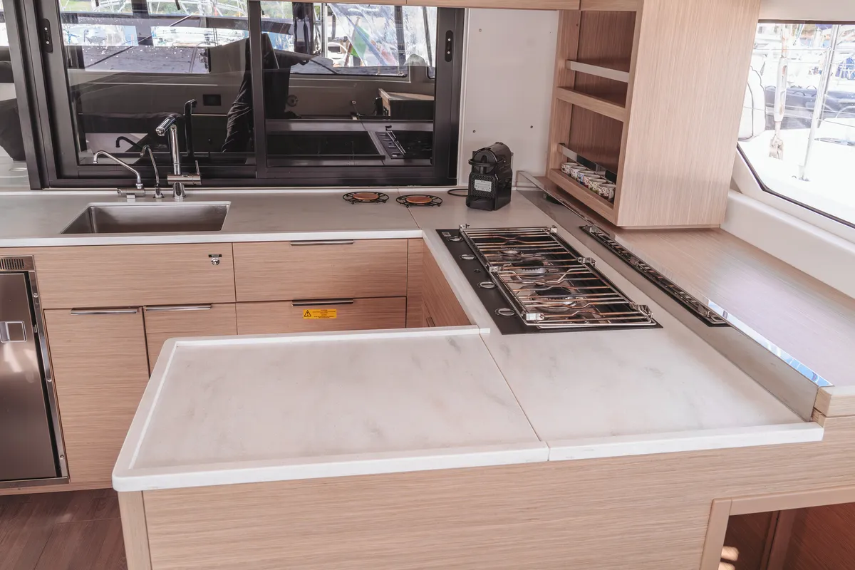Galley of Mimi, a Lagoon 46 catamaran at Olbia, Italy