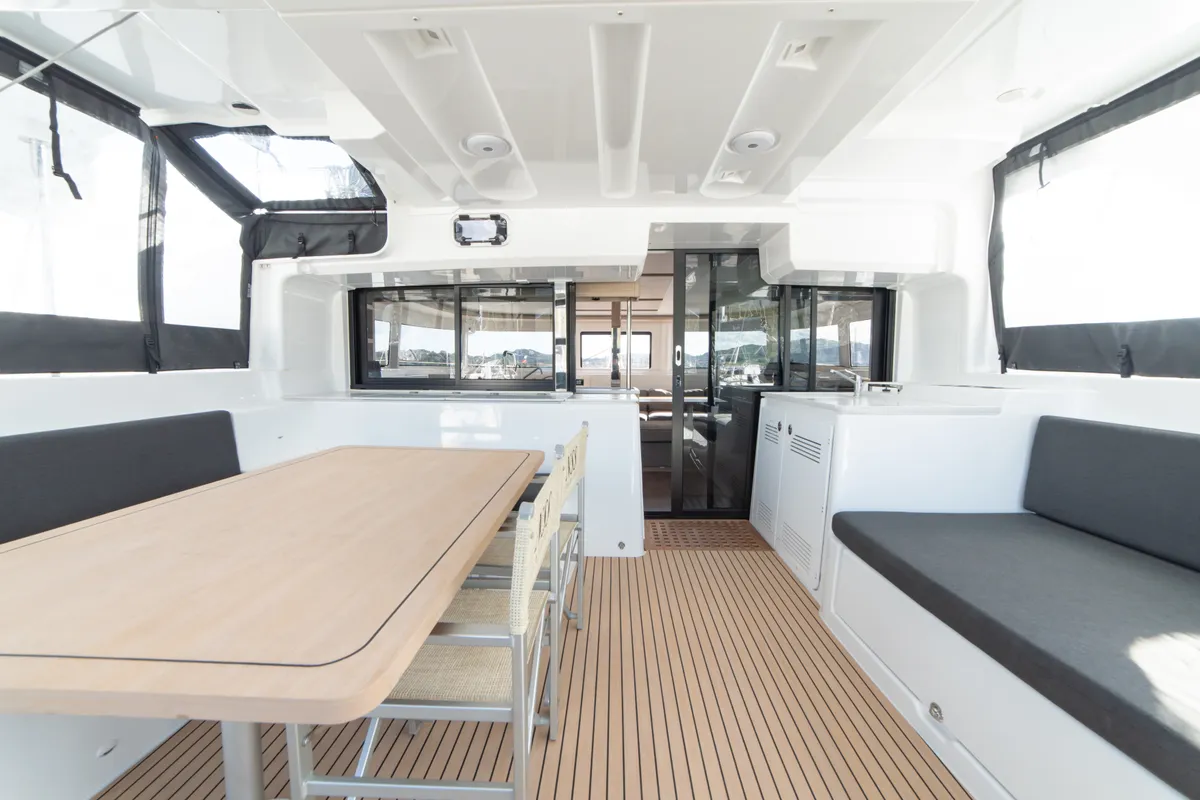 Deck of Mimi, a Lagoon 46 catamaran at Olbia, Italy