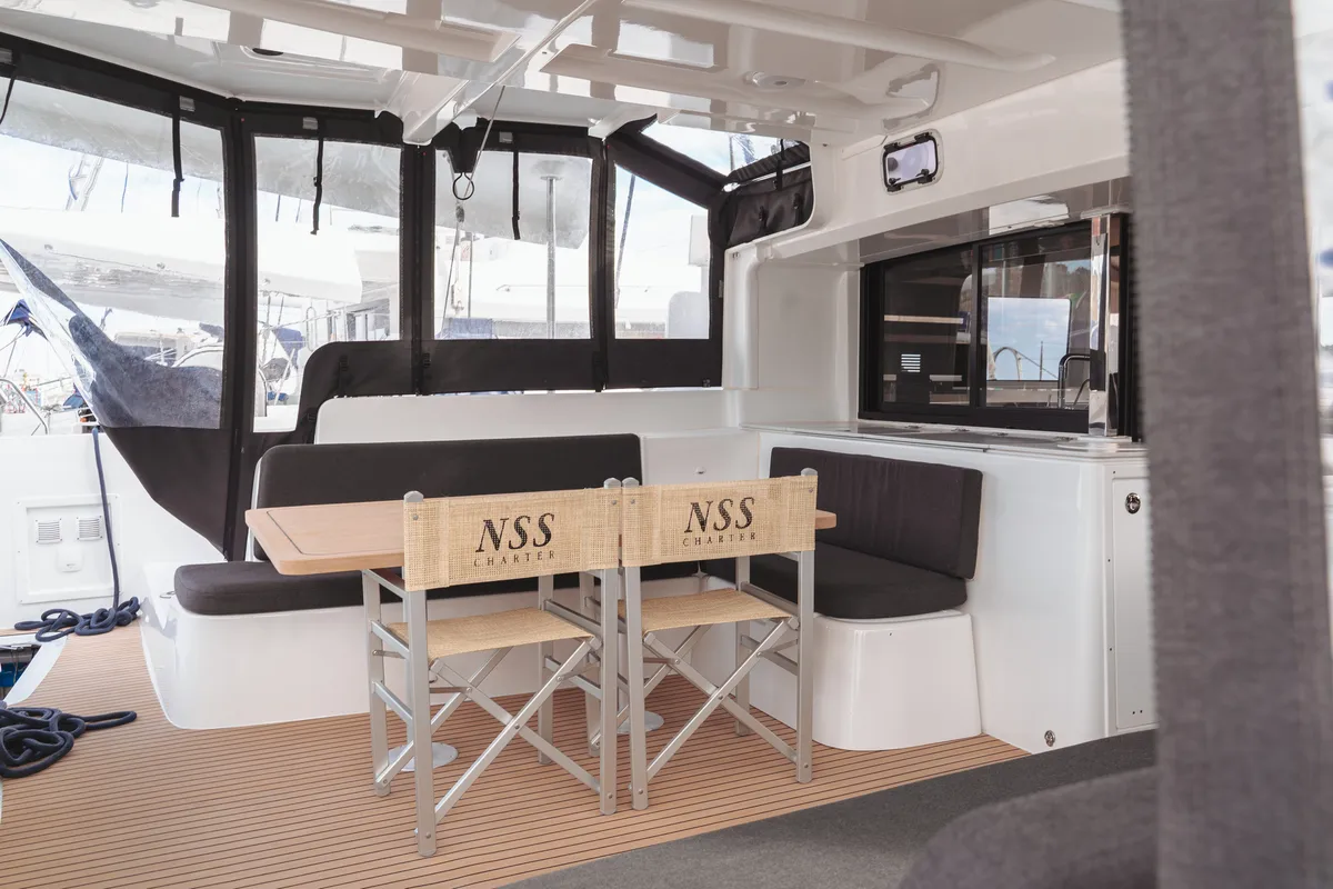 Deck of Mimi, a Lagoon 46 catamaran at Olbia, Italy