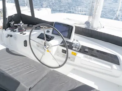 Cockpit of Mimi, a Lagoon 46 catamaran at Olbia, Italy