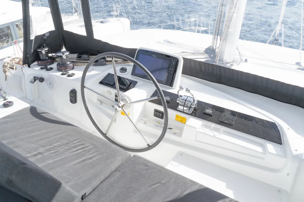 Cockpit of Mimi, a Lagoon 46 catamaran at Olbia, Italy
