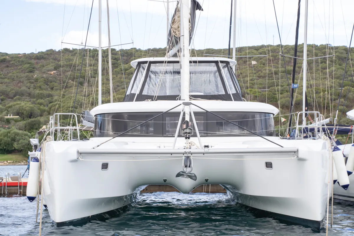 Exterior view of Mimi, a Lagoon 46 catamaran at Olbia, Italy