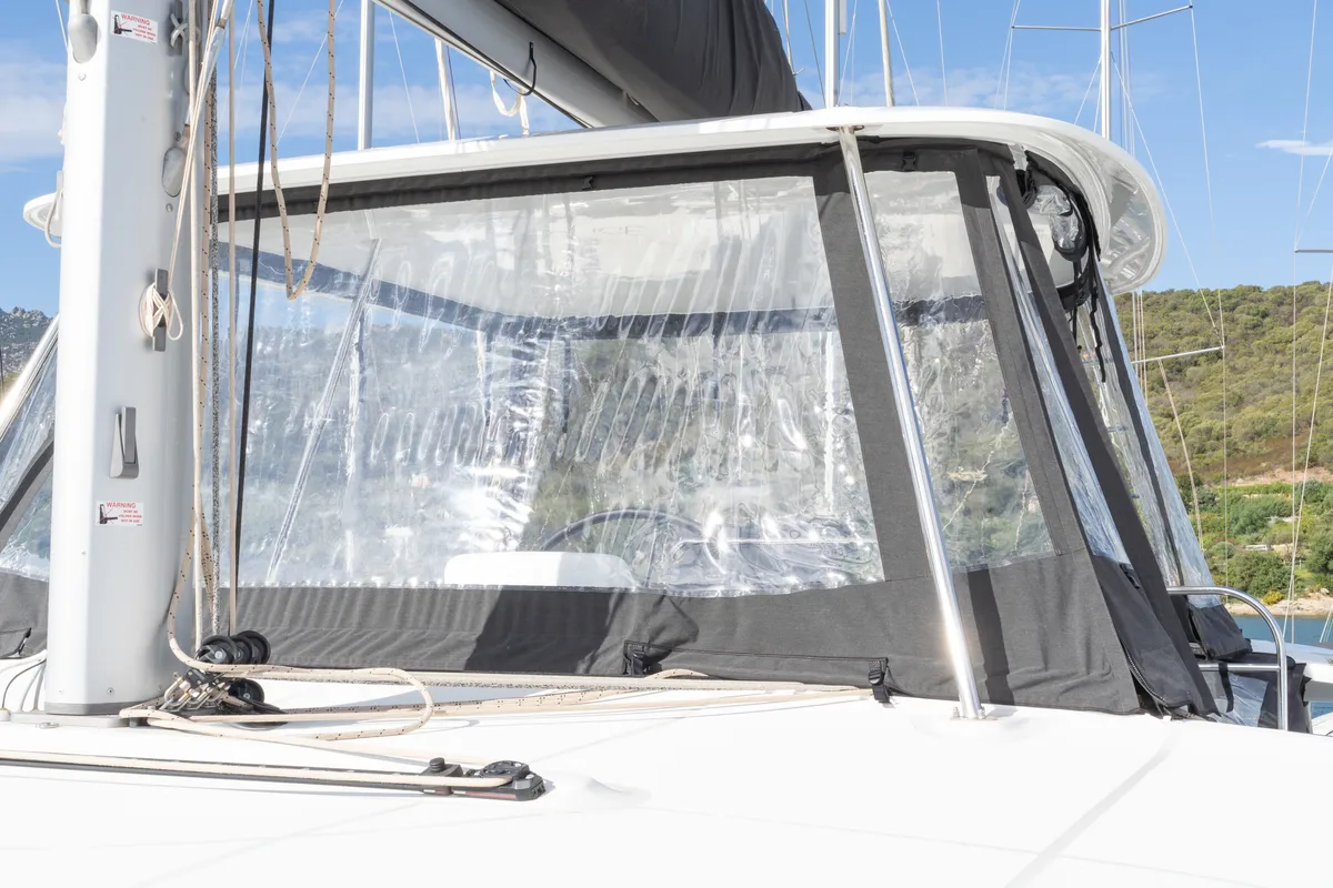 Deck of Mimi, a Lagoon 46 catamaran at Olbia, Italy
