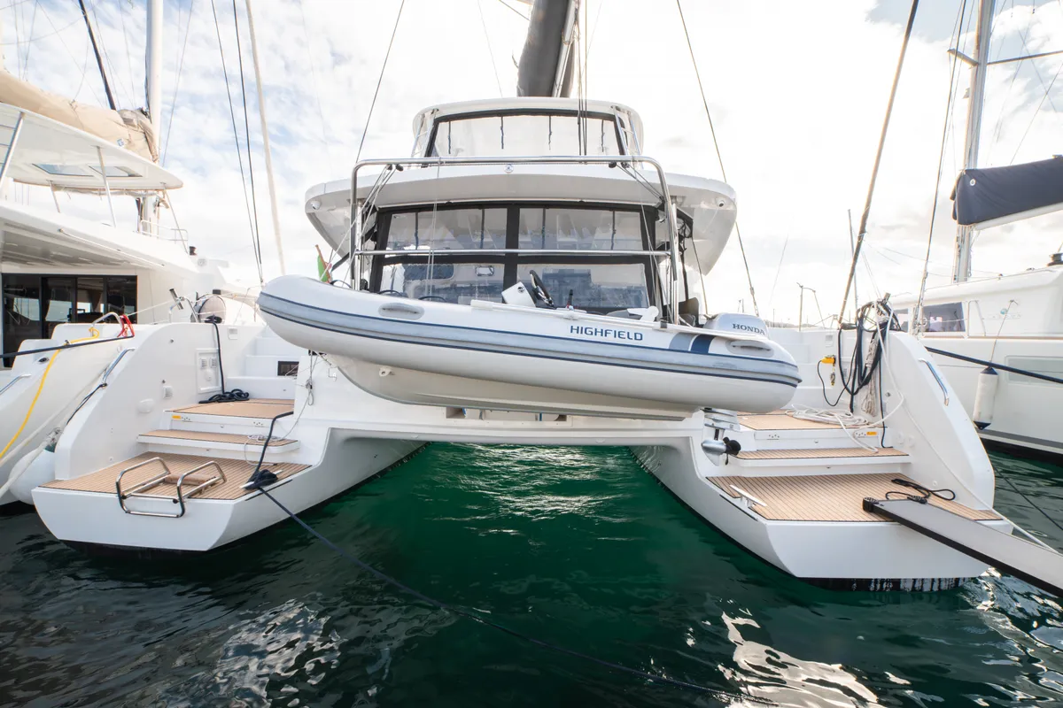 Exterior view of Mimi, a Lagoon 46 catamaran at Olbia, Italy