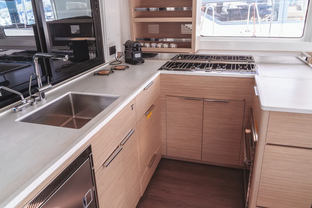 Galley of Mimi, a Lagoon 46 catamaran at Olbia, Italy