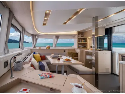 Salon of Mimi, a Lagoon 46 catamaran at Olbia, Italy