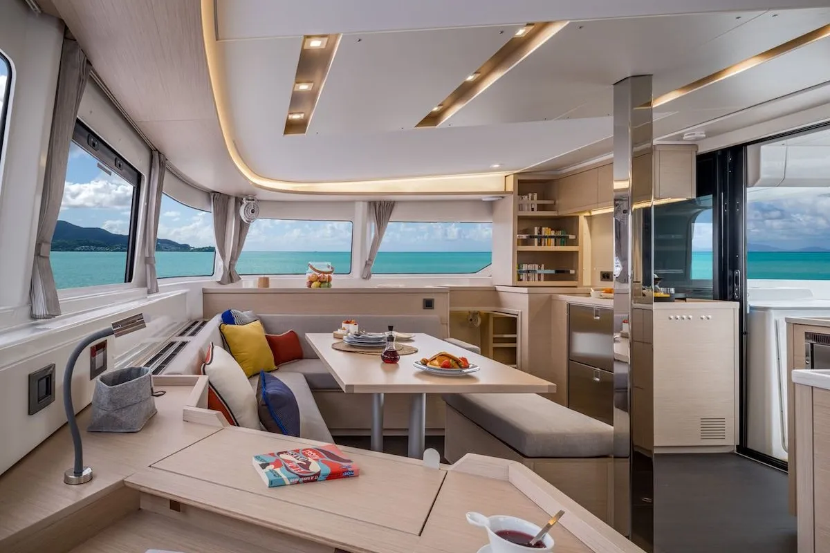 Salon of Mimi, a Lagoon 46 catamaran at Olbia, Italy