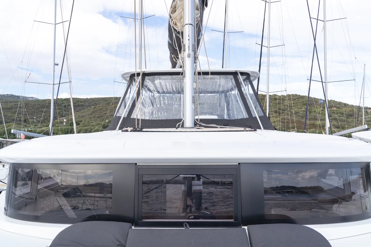 Exterior view of Mimi, a Lagoon 46 catamaran at Olbia, Italy
