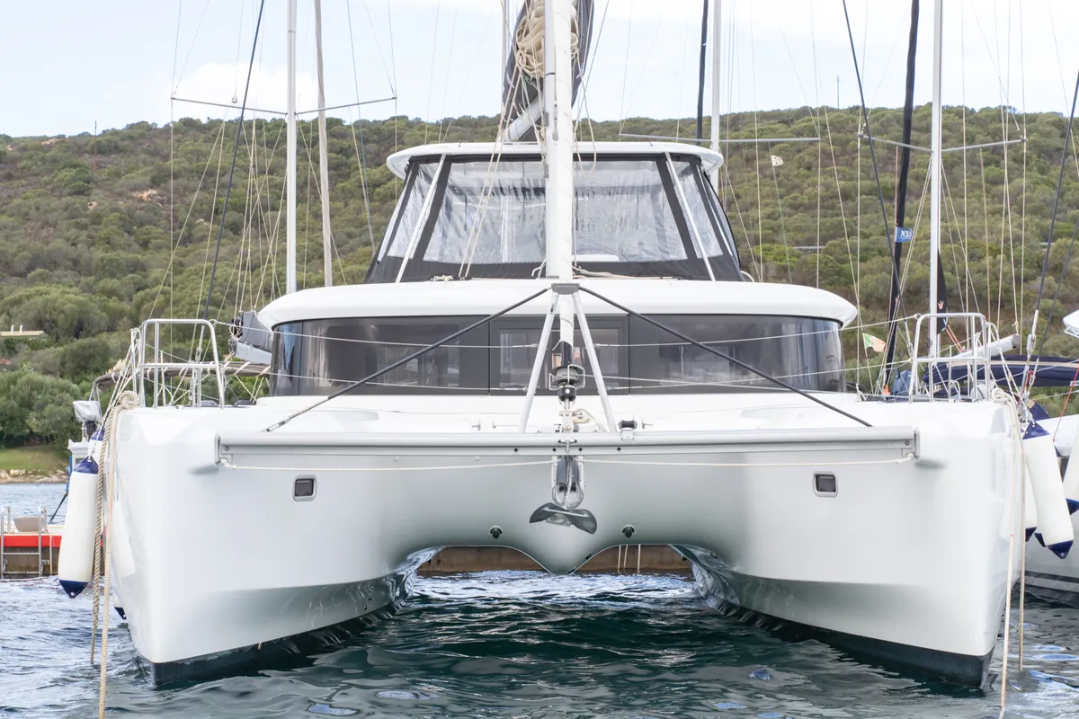 Exterior view of Mimi, a Lagoon 46 catamaran at Olbia, Italy
