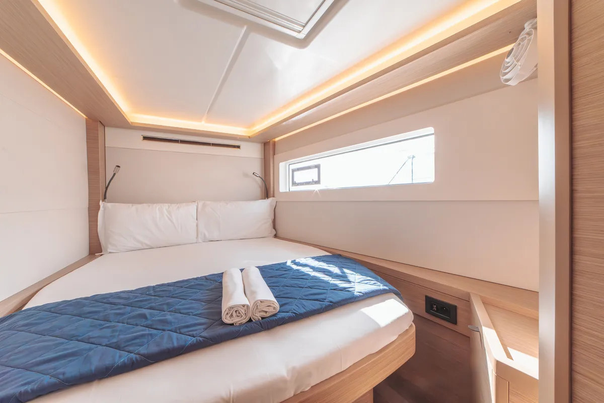 Cabin on Mimi, a Lagoon 46 catamaran at Olbia, Italy