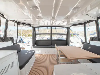 Deck of Mimi, a Lagoon 46 catamaran at Olbia, Italy
