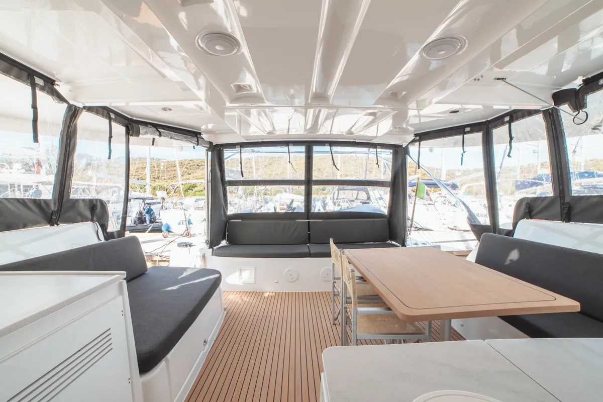 Deck of Mimi, a Lagoon 46 catamaran at Olbia, Italy