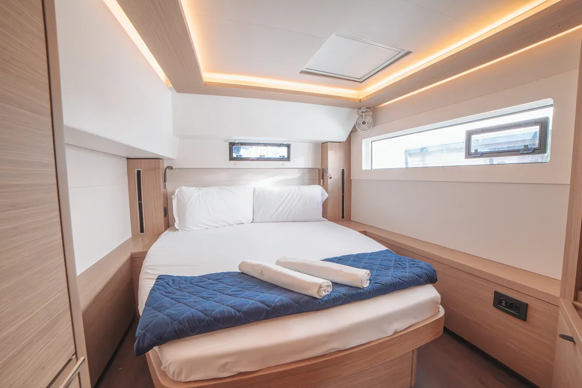 Cabin on Mimi, a Lagoon 46 catamaran at Olbia, Italy
