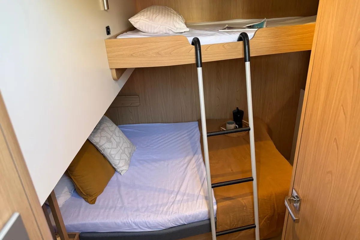 Cabin on Libera, a Bali 5.2 catamaran at Tonnarella, Italy