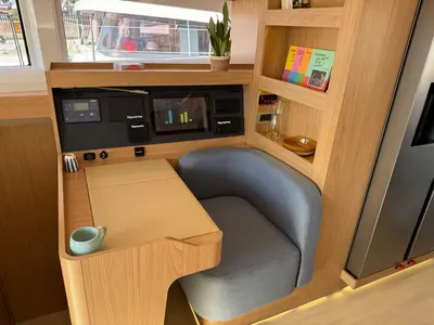 Cockpit of Libera, a Bali 5.2 catamaran at Tonnarella, Italy