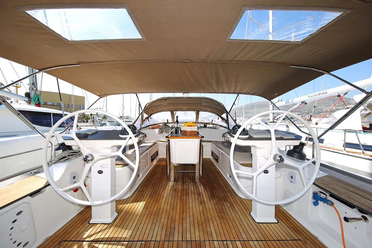 Cockpit of Mandy, a Bavaria Cruiser 56 sailboat at Murter, Croatia