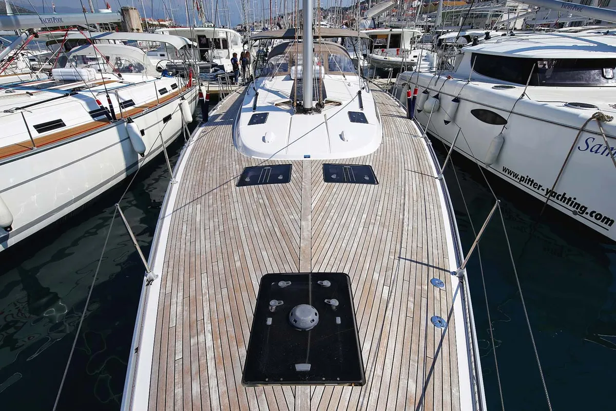 Deck of Mandy, a Bavaria Cruiser 56 sailboat at Murter, Croatia