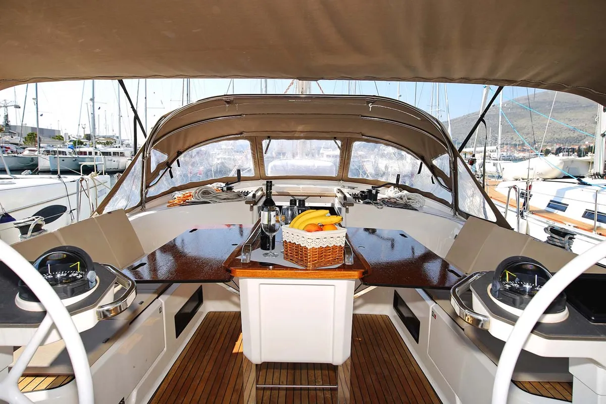Cockpit of Mandy, a Bavaria Cruiser 56 sailboat at Murter, Croatia
