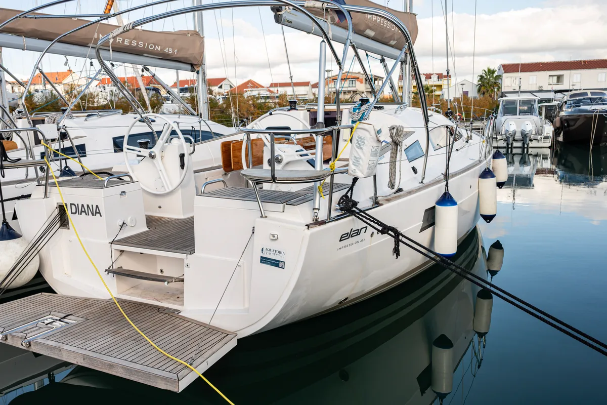 Exterior view of Diana, a Elan Impression 45.1 sailboat at Pirovac, Croatia