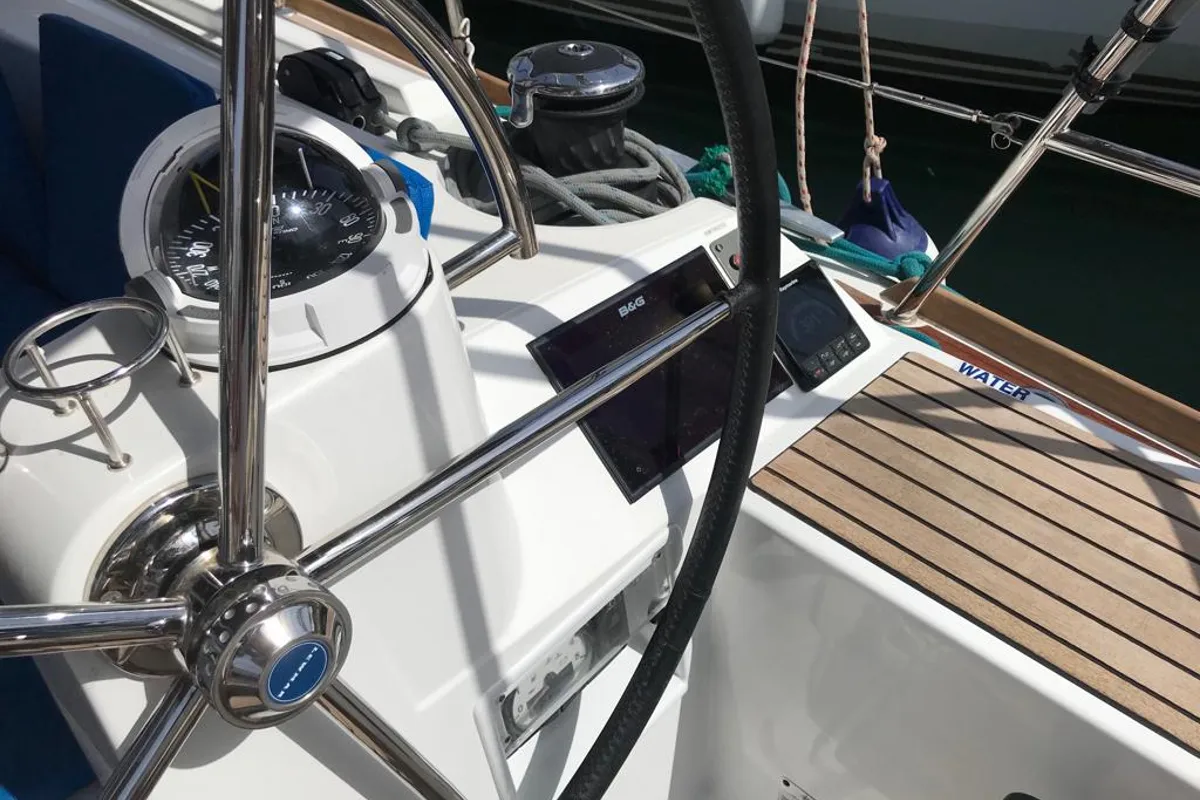 Cockpit of Jeanneau Sun Odyssey 519, a sailboat at Murdeira, Cape Verde