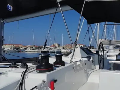 Cockpit of Endurance, a Lagoon 450 Fly catamaran at Municipal Unit of Lefkada, Greece