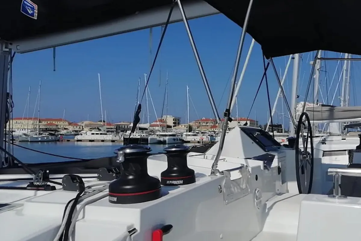 Cockpit of Endurance, a Lagoon 450 Fly catamaran at Municipal Unit of Lefkada, Greece