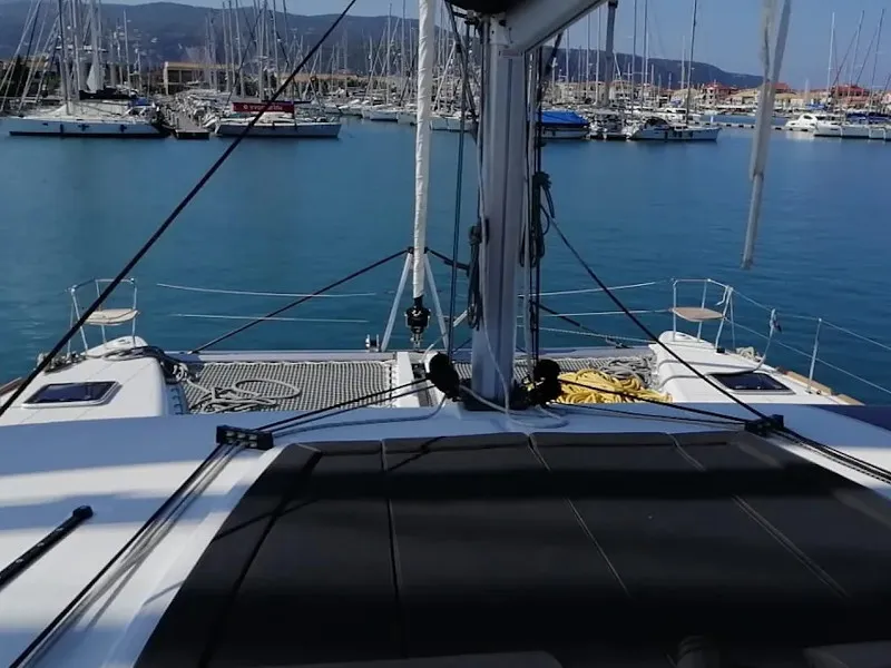Deck of Endurance, a Lagoon 450 Fly catamaran at Municipal Unit of Lefkada, Greece