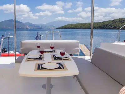 Deck of Endurance, a Lagoon 450 Fly catamaran at Municipal Unit of Lefkada, Greece